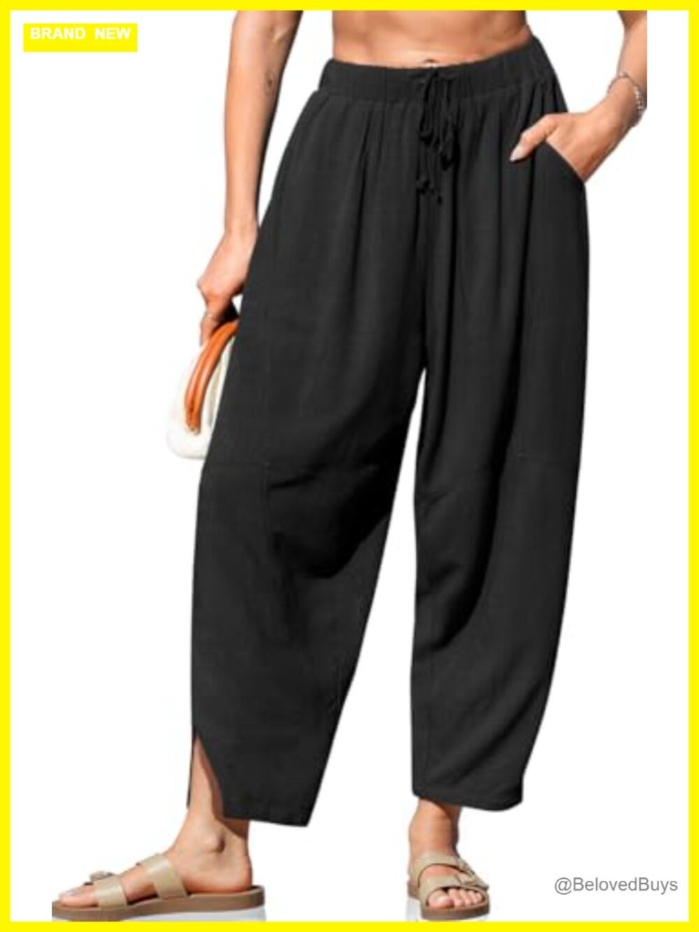 Linen Harem Pants with Pockets Wide Leg High Rise Casual